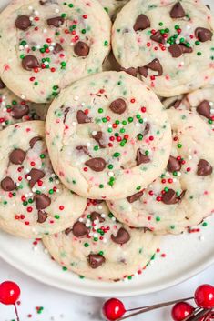 white chocolate chip cookies with sprinkles on a plate