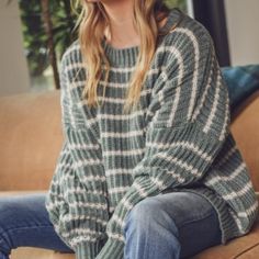 Striped Knit Pullover With Long Sleeves. - Unlined, Non-Sheer, Lightweight. - Models Are Wearing A Small. Fabric 100% Acrylic House Cozy, Boho Contemporary, Striped Knit Sweater, Preppy Prom, Trendy Business Casual, Coachella Dress, Business Formal Dress, Sage Color, Formal Dresses Gowns