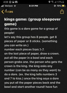 a text message that reads king's game group sleepover game is on the screen