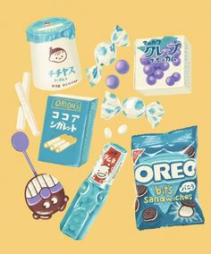 an assortment of japanese snacks on a yellow background