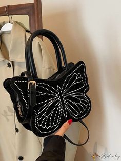 Bird in Bag - Black Butterfly Design Handbag with Rhinestone Accents Evening Black Bags With Rhinestone Rivets, Trendy Bags With Rhinestones, Trendy Bags With Rhinestones For Daily Use, Trendy Rhinestone Bags, Trendy Rhinestone Crossbody Bag, Black Bags Aesthetic, Black Purses And Handbags, Cute Bags Aesthetic, Aesthetic Handbags