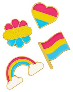 three pin badges in the shape of rainbows, hearts, and flowers with clouds