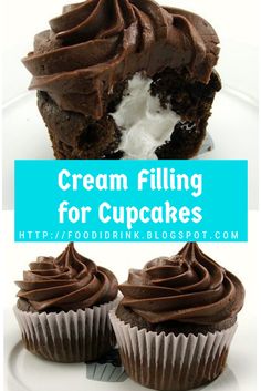 two cupcakes with chocolate frosting on top and the words cream filling for cupcakes below