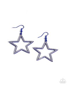 Embellished in glistening white rhinestones, a royal blue-painted star frame dangles from the ear for a shimmery stellar statement. Earring attaches to a standard fishhook fitting. Wooden Bracelet, Jewelry Catalog, Statement Earring, The Ear, Paparazzi Accessories, White Rhinestone, Paparazzi Jewelry, Blue Paint, Blue Earrings