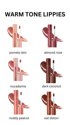 romand juicy lasting tint shades for warm undertones. pomelo skin, almond rose, nucadamia, dark coconut, nuddy peanut, and eat dotori Deep Autumn Makeup, Warm Makeup, Korean Lip Tint, Tone Makeup, Lip Tints