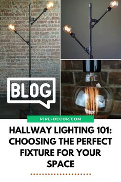 Industrial pipe hallway lighting fixtures against a brick wall. Shelf Clothing Rack, Barn Door Handles, Pipe Lighting, Black Pipe