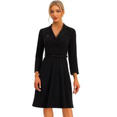 With its elegant V-neck collar, button blazer design, and belted waistline, pleated skirt, this dress exudes sophistication and style. The soft fabric used in this dress ensures durability and long-lasting wear, while its breathable and comfortable design makes it perfect for all-day wear. Pair it with some classic heels for a formal look, or dress it down with some flats for a more casual office environment. Whatever the occasion, the Work Dress for Women is sure to impress. Blazer Design, V Neck Collar, Work Dresses For Women, Work Dresses, Classic Heels, Blazer Designs, Office Environment, Comfortable Design, Work Dress