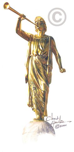 a golden statue holding a trumpet on top of a rock