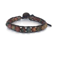 This gemstone bracelet for men is made with 8mm Picasso Jasper Beads individual woven onto natural dark brown leather cord. This men's gemstone bracelet would make a great addition to your wardrobe. The deep colors of greens, browns and burgundy run throughout the beads. Each bracelet is made with top quality leather and gemstone beads. To choose the proper length, simply measure your wrist and add as much length as you want for a comfortable fit. Adjustable Leather Bracelets With Natural Stones, Adjustable Hand-strung Leather Bracelet With Round Beads, Adjustable Hand-strung Leather Bracelet, Leather Bracelets With Natural Stones For Gifts, Adjustable Brown Leather Bracelet With Natural Stones, Hand Wrapped Leather Jewelry With Round Beads, Brown Leather Bracelet With Natural Stones In Spiritual Style, Adjustable Spiritual Leather Bracelet With Natural Stones, Spiritual Brown Leather Bracelet With Natural Stones