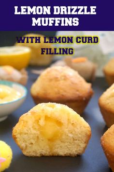 lemon drizzle muffins with lemon curd filling on a blue surface