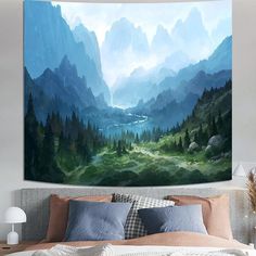 a large painting hanging on the wall above a bed