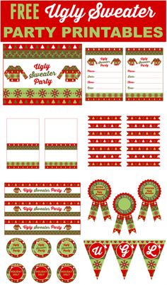 christmas party printables with ribbons, tags and stickers for the holiday season