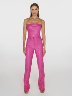 Full shot of a girl in a pink vegan leather tube top and pink vegan leather high rise straight leg pants Pink Leather Pants, Classy Feminine, Emma Rose, Tall People, Slow Fashion Brands, Matching Pants, Street Style Looks, High Waisted Trousers, Pink Leather