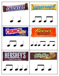 music notes and candy bars are arranged in squares