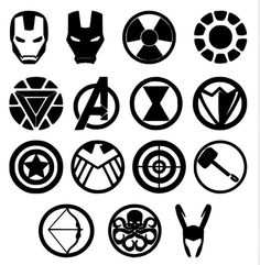 the avengers symbols are shown in black and white