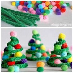 this is an easy christmas tree craft for kids to make with pom poms