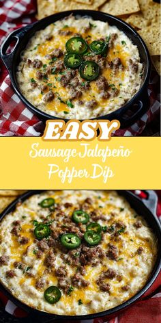 an easy sausage and jalapeno dip recipe in a cast iron skillet