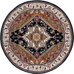 a round rug with an ornate design on the center and sides in brown, black, beige