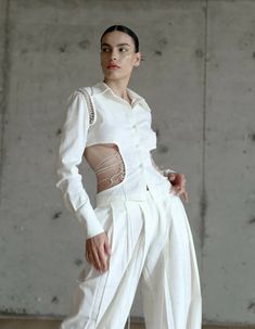 Ardite white organic linen shirt with cut out details and straps | NOT JUST A LABEL Linen Pantsuit, Fairy Fits, Slow Fashion Brands, Long Jumpsuits, Organic Linens, Pleated Pants, Linen Pants, Summer Tops, Shirt White