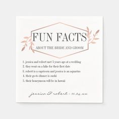 the fun fact cards are printed on white paper with pink and gold foil lettering that reads fun fact about the bride and groom