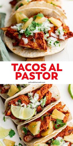 tacos al pastora with limes and cilantro on the side