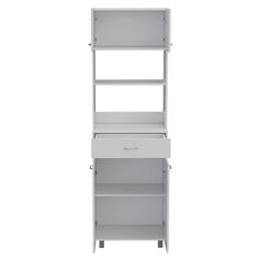 a white shelf with two shelves on each side and one drawer in the middle, against a white background