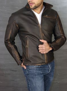 R79 Leather Jacket Distressed Brown Vintage Aged Fit | PDCollection Leather Jacket Outfit Men, Brown Leather Jacket Men, Stylish Leather Jacket, Leather Jacket Men Style, Mens Leather Clothing, Lambskin Leather Jacket, Men Wear