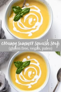 two bowls filled with creamy summer squash soup