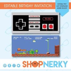 an old school video game birthday card with the words, shop nery on it