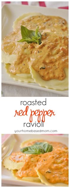 two pictures of ravioli with cheese and basil on top, one is red pepper