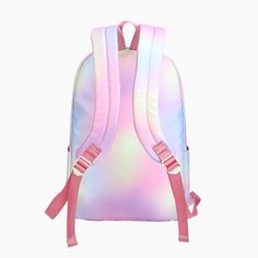 A Rainbow Clouds Backpack that looks just like cotton candy! It has an internal zipper pocket, a safe pocket for a laptop, a central bag opening for large items, small item pockets, a side pocket, and a front zipper pocket. This magical bag is efficient and cute. Ideal for school or work providing quality for daily use. Get this gradient and colorful backpack this year! Size:- Length: 11.4" (29 cm)- Width: 5.1" (13 cm)- Height: 16.5" (42 cm) Material: nylon & polyester Kawaii Nylon Backpack For Everyday Use, Kawaii Travel Backpack In Nylon, Kawaii Nylon Travel Backpack, Cute Nylon Backpack For Students, Kawaii Nylon Backpack For Back To School, Cute Nylon Student Backpack, Pink Nylon Backpack For Students, Cute Nylon Backpack For Study, Trendy Nylon Backpack For Study