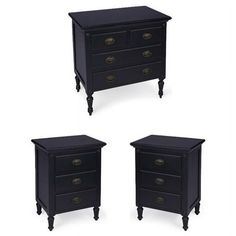 three black nightstands with one drawer open and the other closed