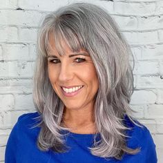 Salt and Pepper Hair with Warm Lowlights Salt And Pepper Wigs, Ash Grey Hair, Grey Hair With Bangs, Gray Balayage, Salt And Pepper Hair, Professional Hair Color, 2023 Hair