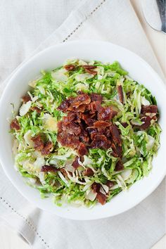 shaved Brussel sprouts salad with bacon Shaved Brussel Sprouts Salad, Brussels Sprouts Salad Recipe, Brussel Sprouts Salad, Shaved Brussel Sprout Salad, Brussel Sprout Salad Recipes, Cooking Brussel Sprouts, Shaved Brussel Sprouts, Brussels Sprouts Salad