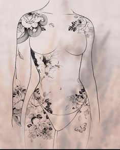 a drawing of a woman's body with flowers on her chest and arms, in black and white