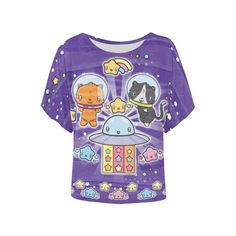 Space Cats Shirt, Anime Cat T-shirt, Purple Star Tee with Kawaii Rainbow and Spacechip Charater graphics, Batwing style sleeves and contrasting Scoop Neckline Blast off into space in this fabulously fun Space Cat Shirt! This Cute kitty TShirt has a beautiful slouchy fit, making it stylish and comfortable and the perfect addition to a Harajuku Fashion Summer Outfit!   Why not Wear this Kawaii Batwing Top with a pair of the matching Purple Galaxy Beach Shorts, Kawaii Jogger Pants or Anime Leggings Anime Leggings, Clothes Purple, Mode Harajuku, Galaxy Shorts, Tops For Teens, Kawaii Rainbow, Harajuku Aesthetic, Cats Shirt, Purple Galaxy