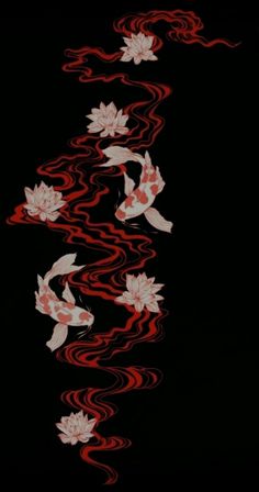 two koi fish swimming in the water with red and white swirls around them