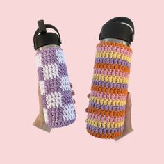 two crocheted water bottles are shown in front of each other