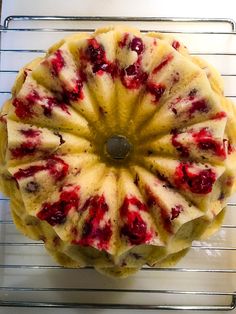 a cake sitting on top of a cooling rack