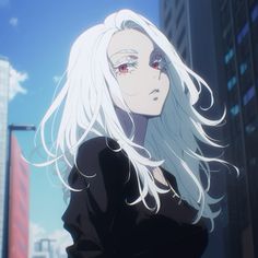 a woman with long white hair and red eyes standing in the middle of a city