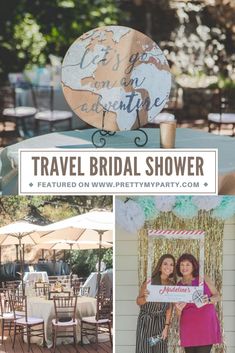 a collage of photos with the words travel bridal shower written on it and pictures of two women