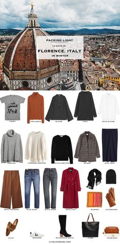 the travel guide for italy is shown in this image, with all the different types of clothes and accessories