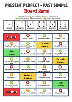 the present perfect - past simple board game is shown in red, yellow and green