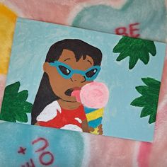 a painting of a woman eating an ice cream cone with palm trees in the background