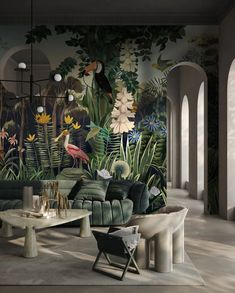 a living room filled with lots of furniture and wallpaper covered in tropical plants on the walls