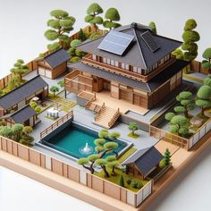 an architectural model of a house with a pool in the center and trees around it