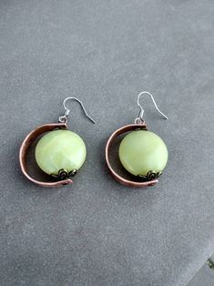 Nephrite Jade Copper Earrings Natural Green Gemstones Green - Etsy Green Hand-forged Round Jewelry, Elegant Green Copper Earrings, Green Gemstone Copper Jewelry, Green Copper Round Jewelry, Handmade Copper Green Earrings, Green Copper Drop Earrings, Copper Dangle Earrings With Natural Stones, 7th Wedding Anniversary, Nephrite Jade