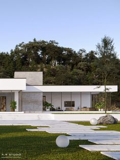 a modern house in the middle of a grassy area with stepping stones on the ground