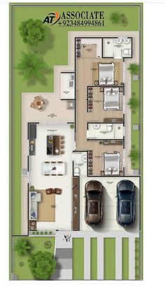 an apartment floor plan with two cars parked in the driveway and one car parked on the ground