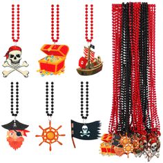 an assortment of necklaces with pirate themed items